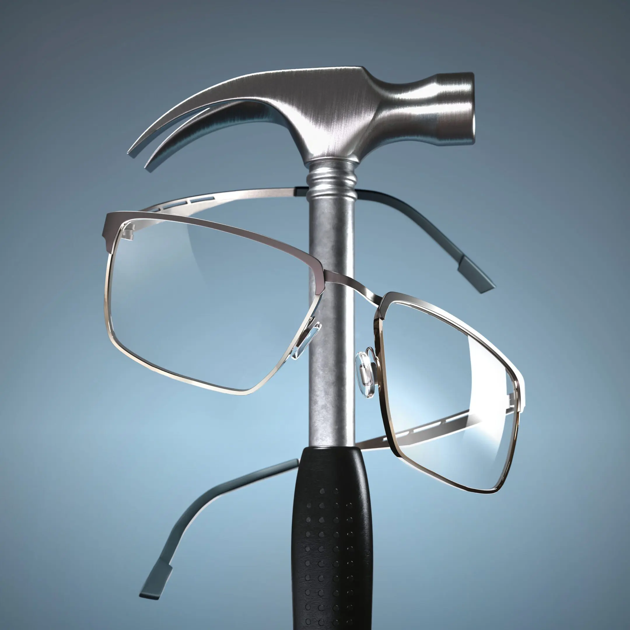 Eyeglasses hanging on claw hammer