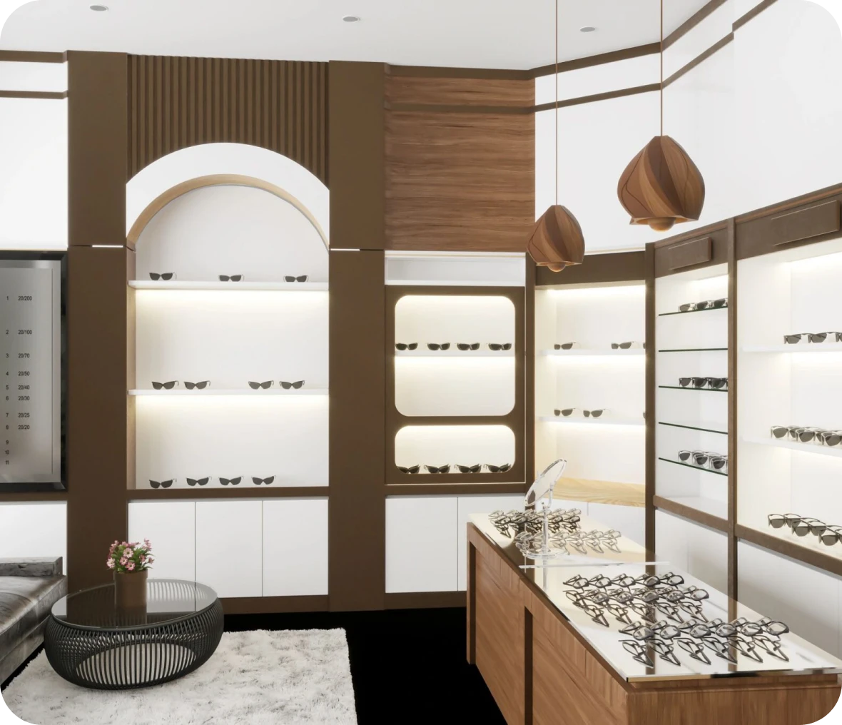 Stylish optical shop with elegant lighting