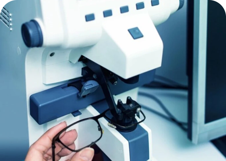 Hand holding glasses in front of machine